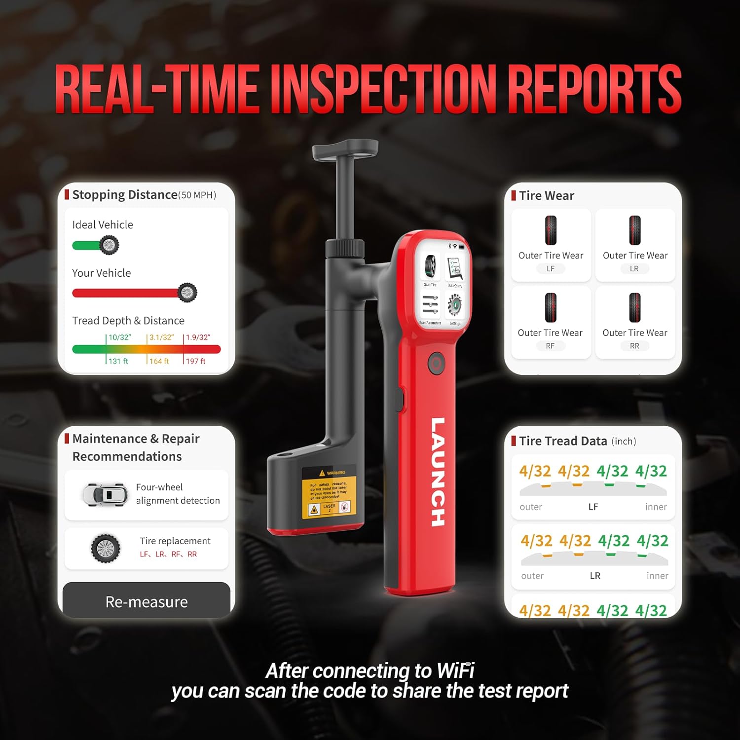 ⚡Handheld Laser Tire Tread Depth Examiner, 0.1mm High Accuracy, Real-time Data, Supports Wi-Fi Connection