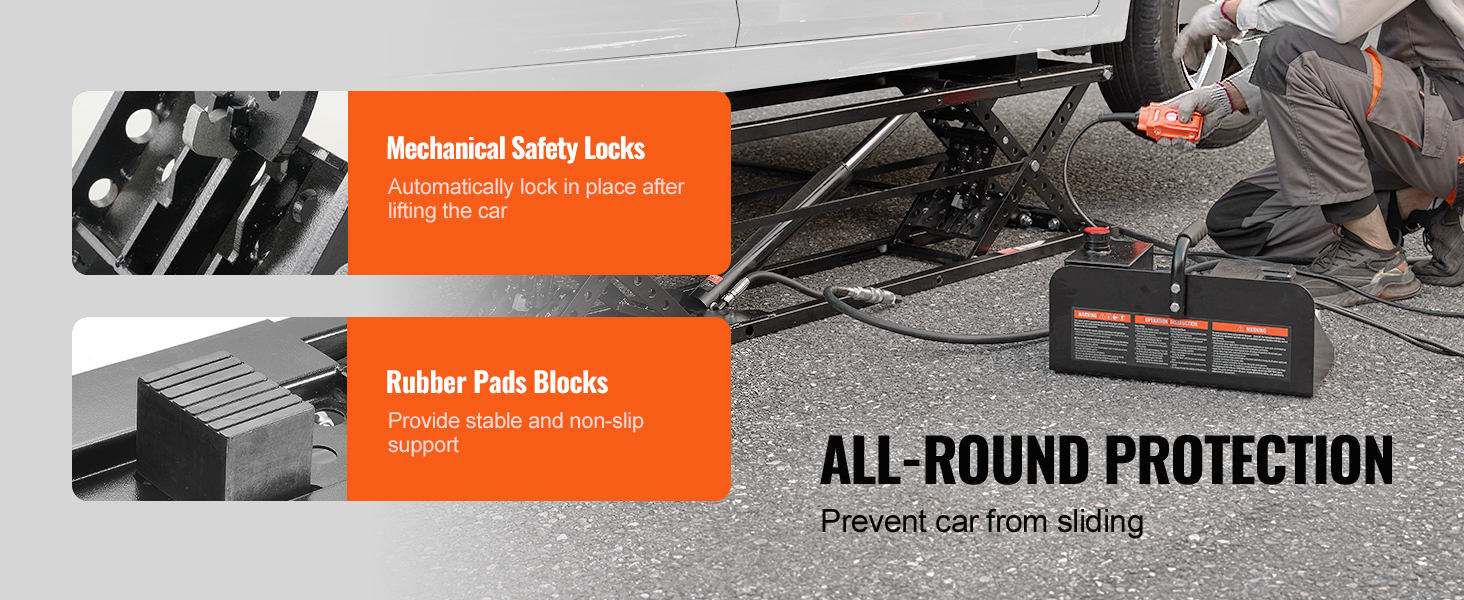 VEVOR portable car lift with mechanical safety locks and rubber pads for stability and non-slip support.