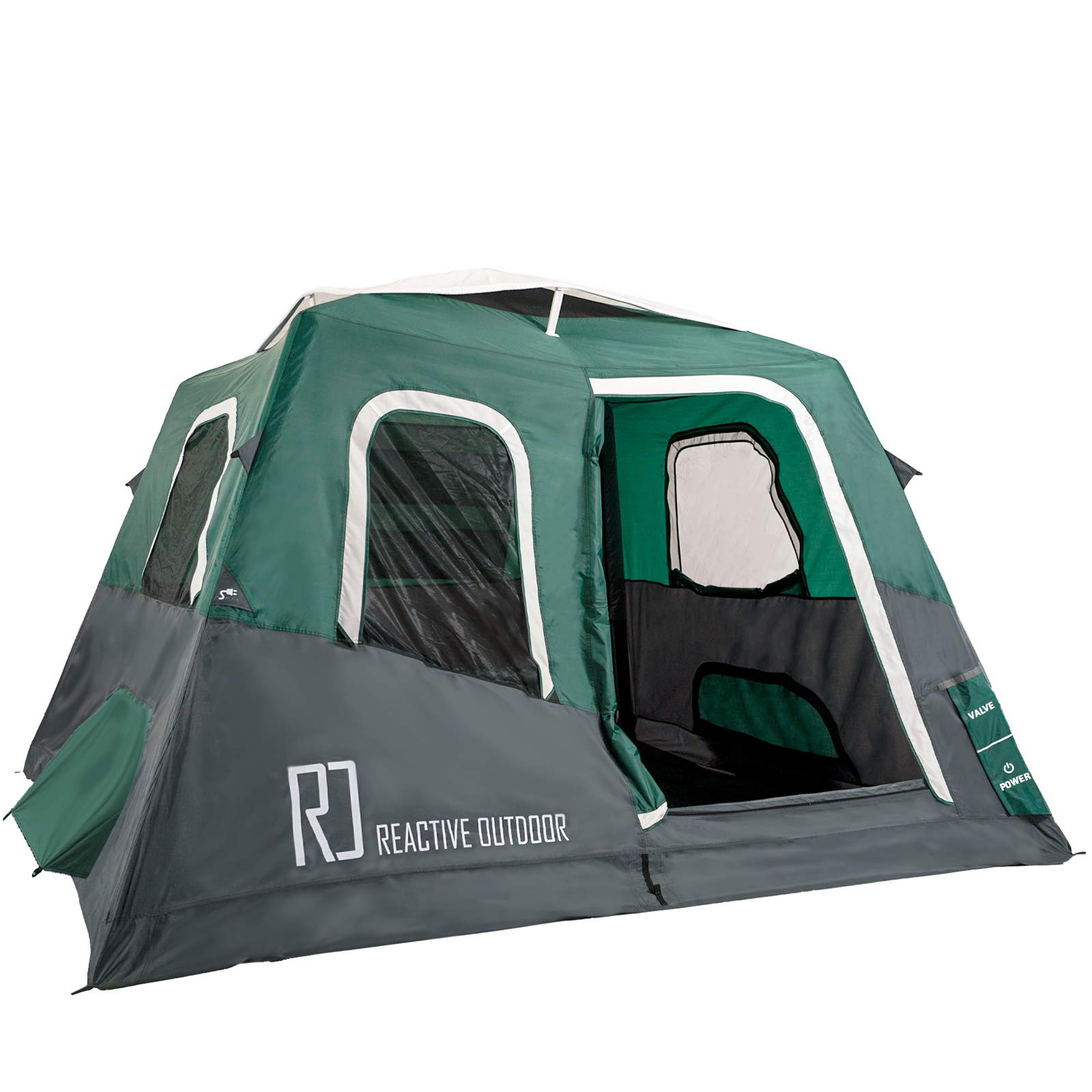 Green and gray canvas tent with a front door and windows.