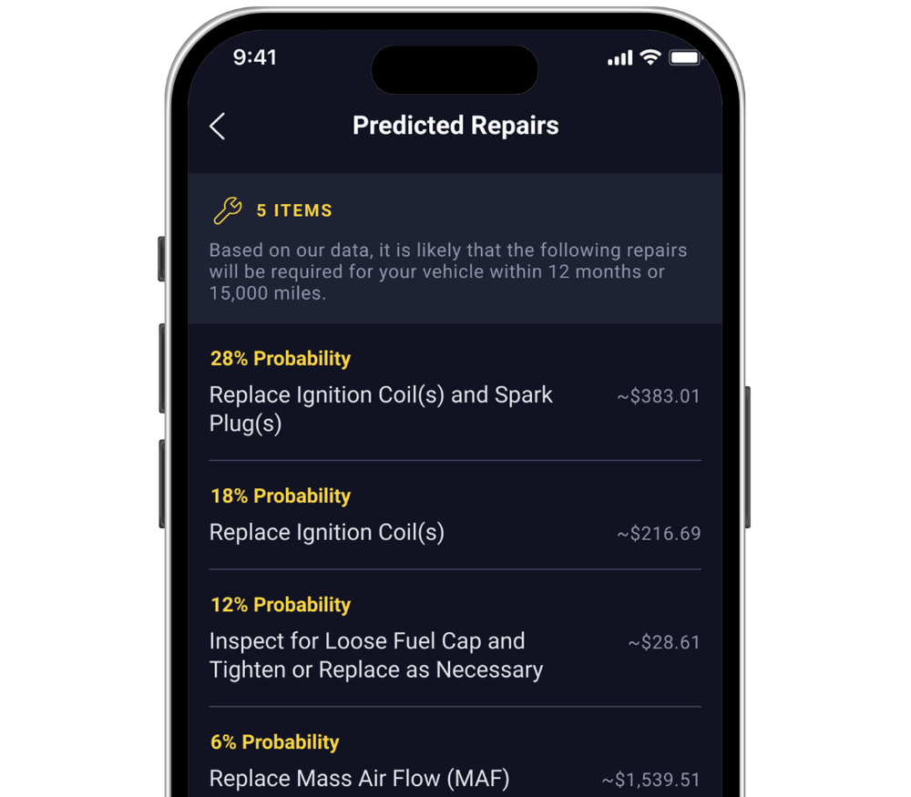 Smartphone displaying a list of predicted car repairs with associated probabilities and costs.