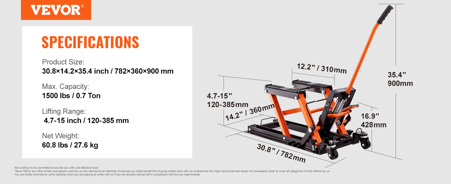 VEVOR motorcycle jack stand specifications: max capacity 1500 lbs, lifting range 4.7-15 inches, net weight 60.8 lbs.