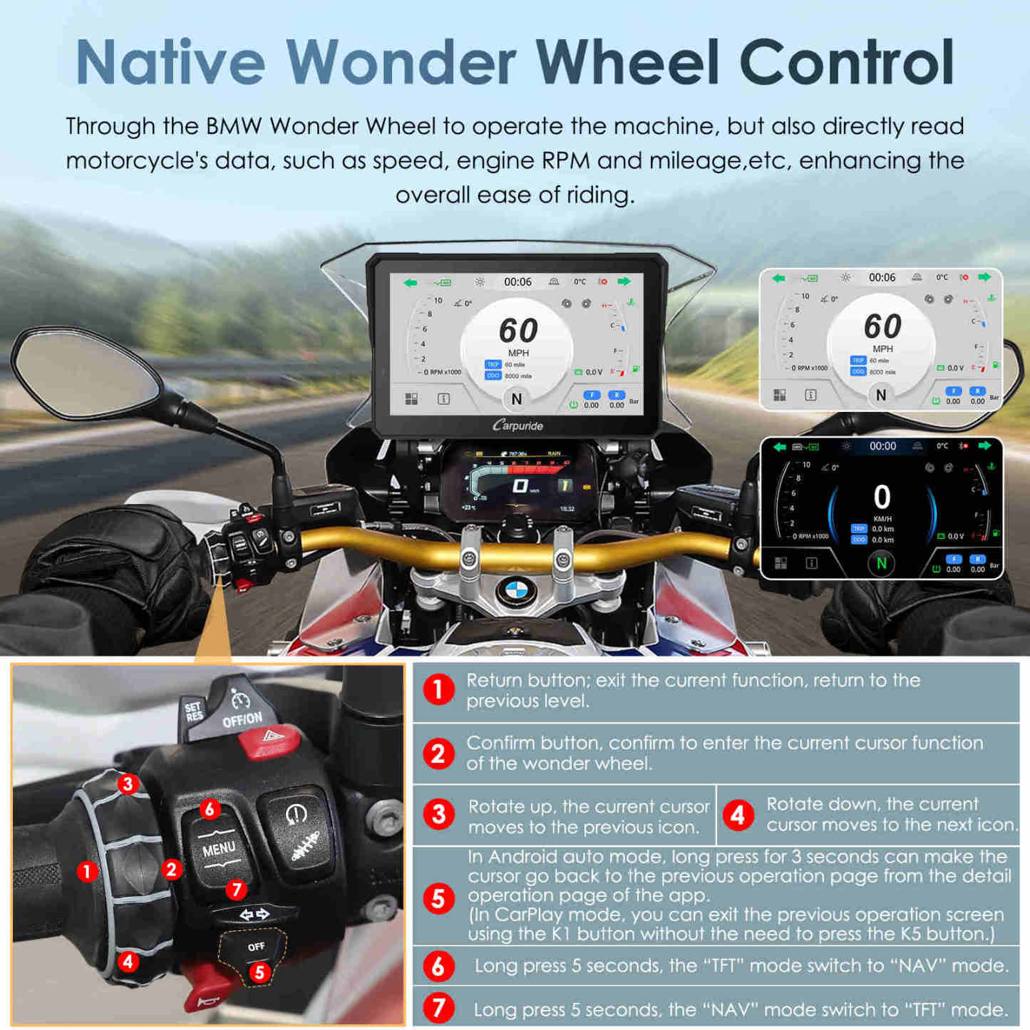 🏍️Carpuride W702BS/502BS BMW Motorcycle Stereo with Wonder Wheel Control & TPMS Support