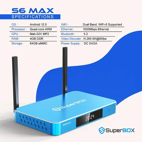 2025 NEW Superbox S6 MAX 4GB RAM 64GB-Android 12 StreamingBox with Time Shift, Wi-Fi 6, 6K Ultra HD,1000Mbps Ethernet, and Voice Remote