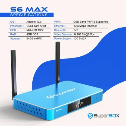 2025 NEW Superbox S6 MAX 4GB RAM 64GB-Android 12 StreamingBox with Time Shift, Wi-Fi 6, 6K Ultra HD,1000Mbps Ethernet, and Voice Remote