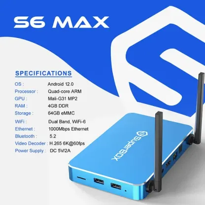 2025 NEW Superbox S6 MAX 4GB RAM 64GB-Android 12 StreamingBox with Time Shift, Wi-Fi 6, 6K Ultra HD,1000Mbps Ethernet, and Voice Remote