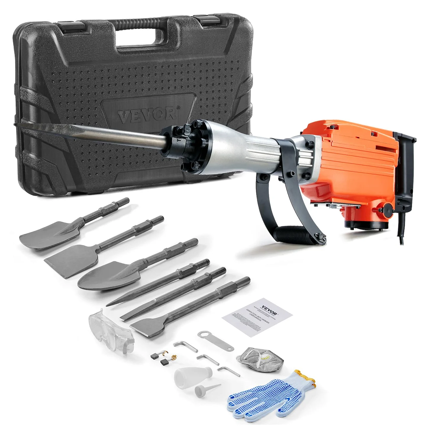 VEVOR Demolition Jack Hammer, MAX 2200W Electric Jackhammer Heavy Duty, 1350 BPM Concrete Breaker 6pcs Chisels Bit Chipping with Case