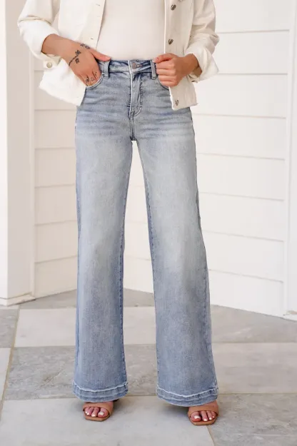 Risen High Rise Light Wash Tummy Control Wide Leg Jeans with Adjustable Waistband