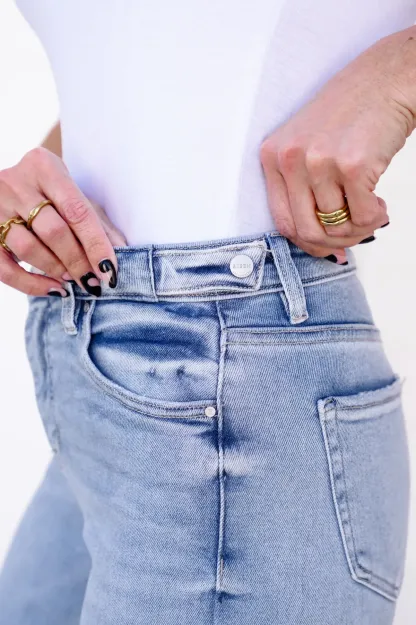 Risen High Rise Light Wash Tummy Control Wide Leg Jeans with Adjustable Waistband