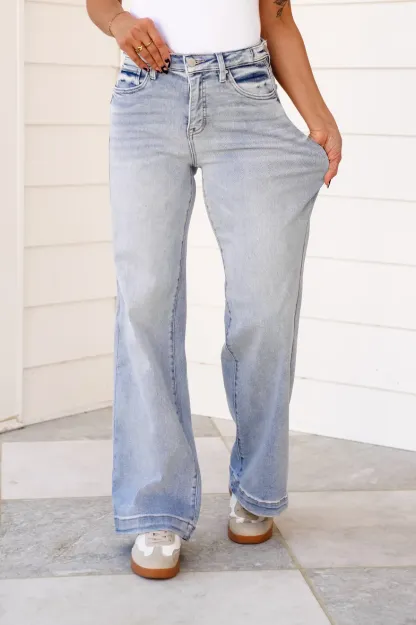 Risen High Rise Light Wash Tummy Control Wide Leg Jeans with Adjustable Waistband