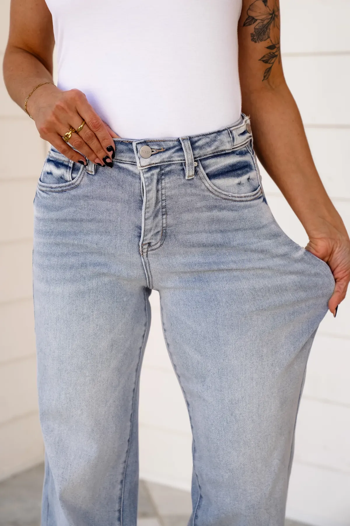 Risen High Rise Light Wash Tummy Control Wide Leg Jeans with Adjustable Waistband