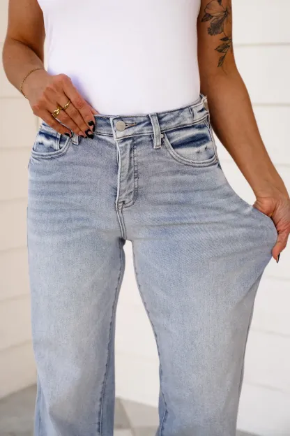 Risen High Rise Light Wash Tummy Control Wide Leg Jeans with Adjustable Waistband