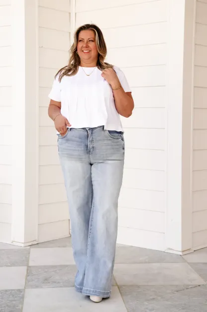 Risen High Rise Light Wash Tummy Control Wide Leg Jeans with Adjustable Waistband