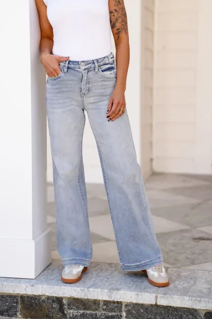 Risen High Rise Light Wash Tummy Control Wide Leg Jeans with Adjustable Waistband