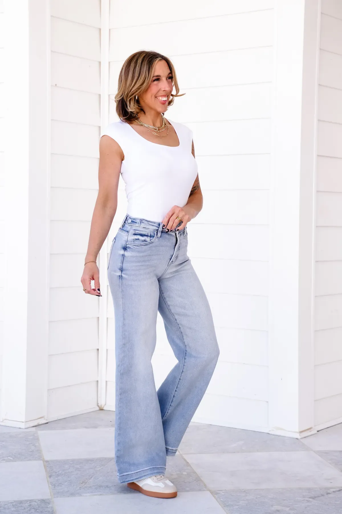 Risen High Rise Light Wash Tummy Control Wide Leg Jeans with Adjustable Waistband