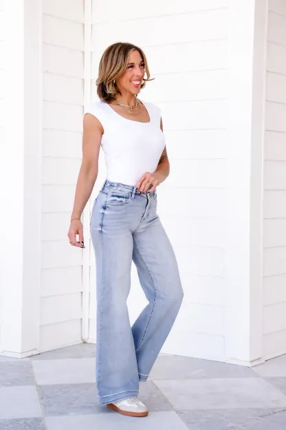 Risen High Rise Light Wash Tummy Control Wide Leg Jeans with Adjustable Waistband