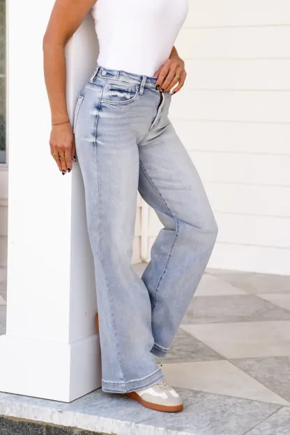 Risen High Rise Light Wash Tummy Control Wide Leg Jeans with Adjustable Waistband
