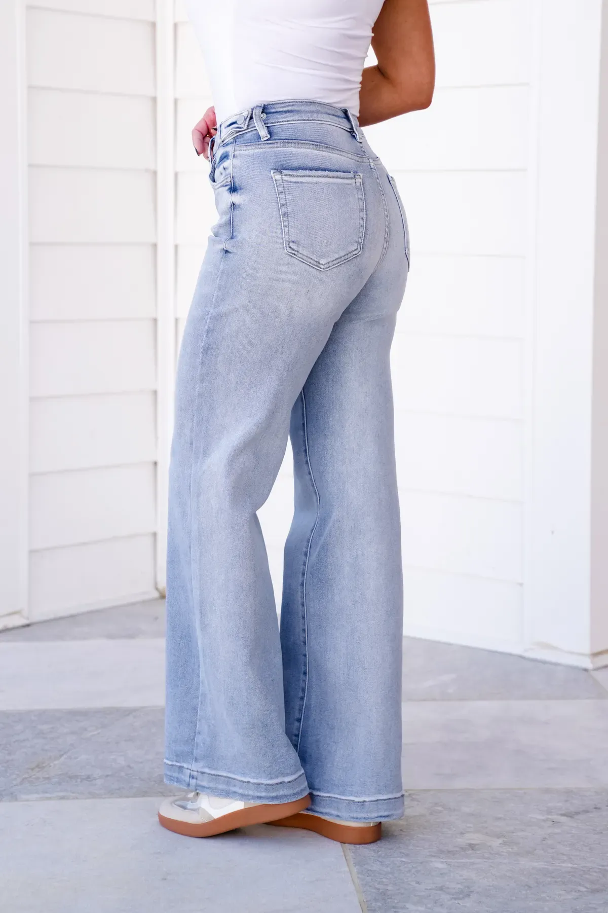 Risen High Rise Light Wash Tummy Control Wide Leg Jeans with Adjustable Waistband