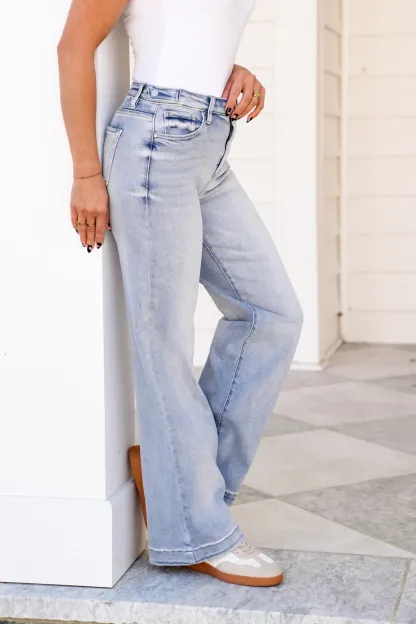 Risen High Rise Light Wash Tummy Control Wide Leg Jeans with Adjustable Waistband