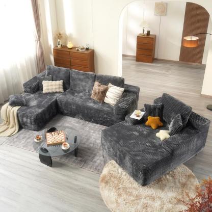 🔥104" Cloud Sectional Couch with L-Shape Chaise,Modern Modular Sofa with Deep Seat, Upholstered Couches for Living Room Bedroom,No Assembly Required, Grey (Plush Corduroy Fabric)