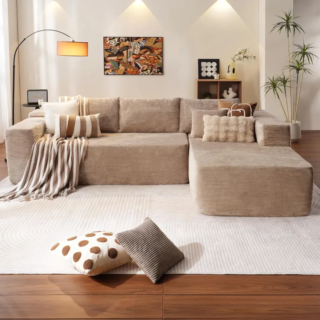 🔥104" Cloud Sectional Couch with L-Shape Chaise,Modern Modular Sofa with Deep Seat, Upholstered Couches for Living Room Bedroom,No Assembly Required, Grey (Plush Corduroy Fabric)