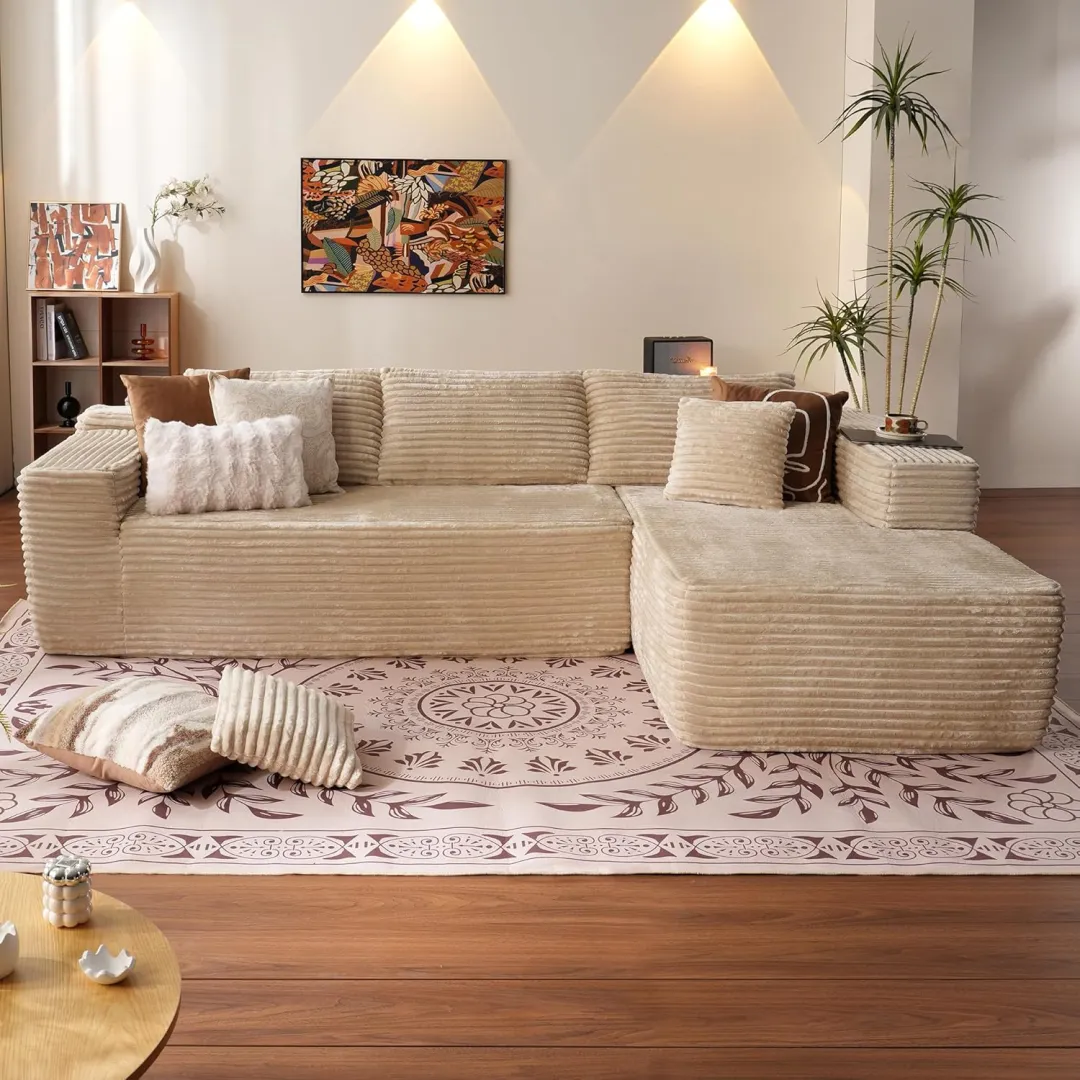 🔥104" Cloud Sectional Couch with L-Shape Chaise,Modern Modular Sofa with Deep Seat, Upholstered Couches for Living Room Bedroom,No Assembly Required, Grey (Plush Corduroy Fabric)