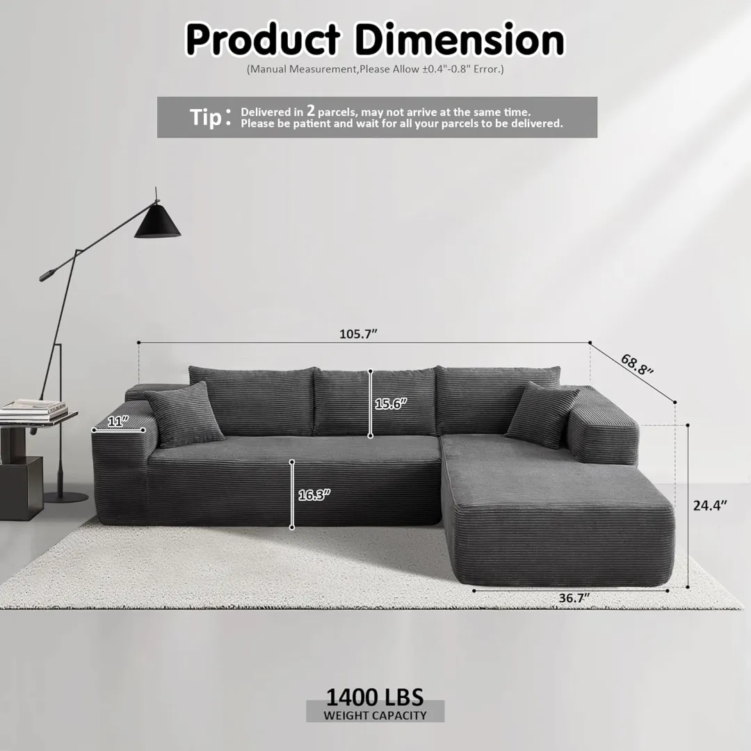🔥104" Cloud Sectional Couch with L-Shape Chaise,Modern Modular Sofa with Deep Seat, Upholstered Couches for Living Room Bedroom,No Assembly Required, Grey (Plush Corduroy Fabric)