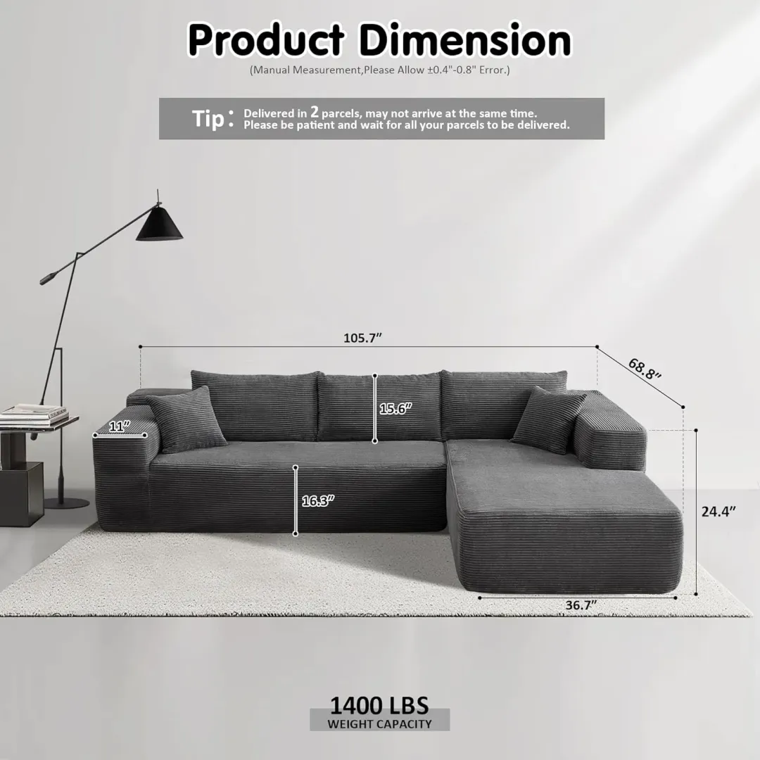 🔥104" Cloud Sectional Couch with L-Shape Chaise,Modern Modular Sofa with Deep Seat, Upholstered Couches for Living Room Bedroom,No Assembly Required, Grey (Plush Corduroy Fabric)