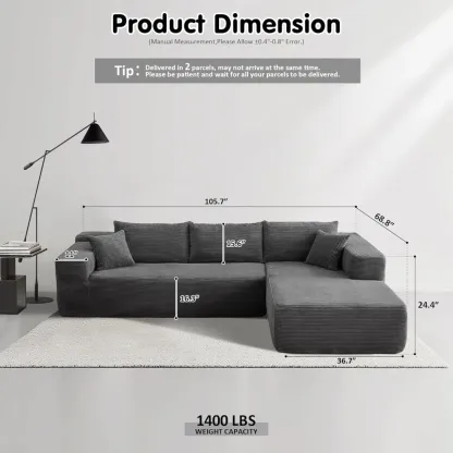 🔥104" Cloud Sectional Couch with L-Shape Chaise,Modern Modular Sofa with Deep Seat, Upholstered Couches for Living Room Bedroom,No Assembly Required, Grey (Plush Corduroy Fabric)