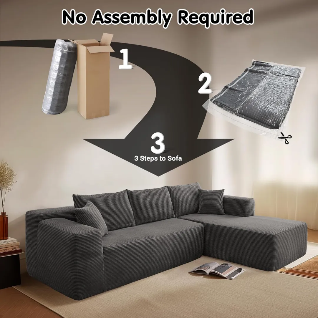 🔥104" Cloud Sectional Couch with L-Shape Chaise,Modern Modular Sofa with Deep Seat, Upholstered Couches for Living Room Bedroom,No Assembly Required, Grey (Plush Corduroy Fabric)