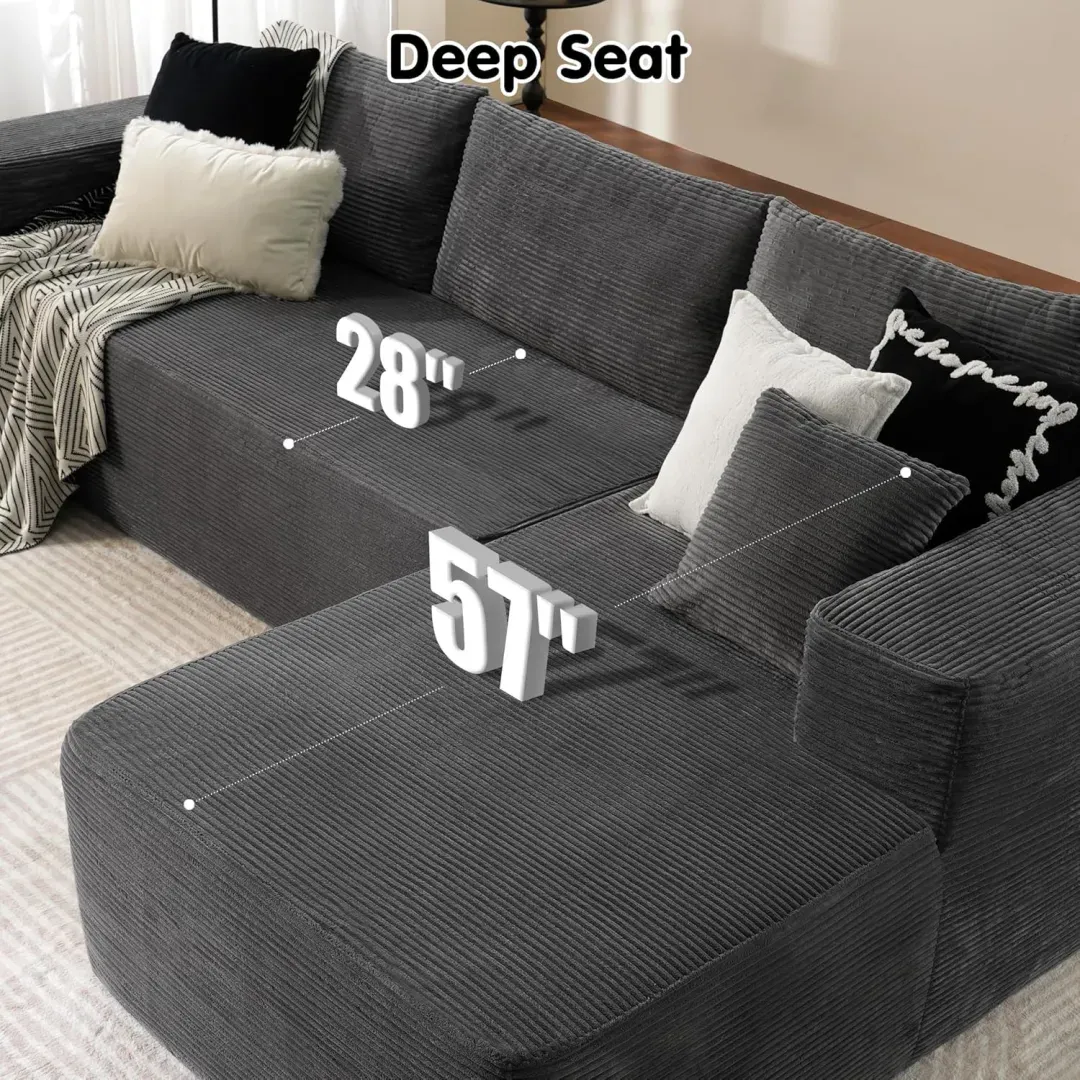 🔥104" Cloud Sectional Couch with L-Shape Chaise,Modern Modular Sofa with Deep Seat, Upholstered Couches for Living Room Bedroom,No Assembly Required, Grey (Plush Corduroy Fabric)
