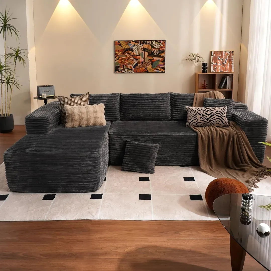 🔥104" Cloud Sectional Couch with L-Shape Chaise,Modern Modular Sofa with Deep Seat, Upholstered Couches for Living Room Bedroom,No Assembly Required, Grey (Plush Corduroy Fabric)