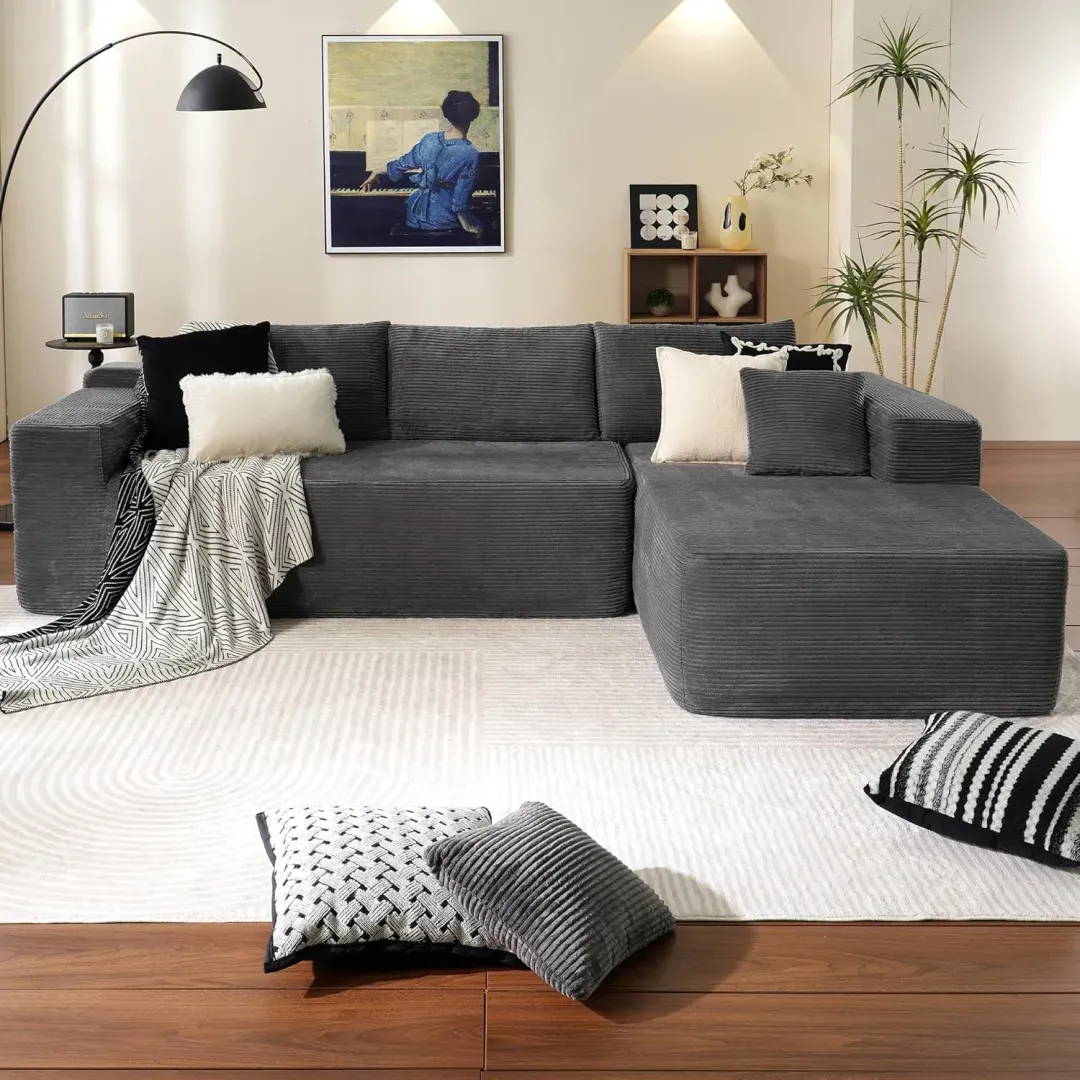 🔥104" Cloud Sectional Couch with L-Shape Chaise,Modern Modular Sofa with Deep Seat, Upholstered Couches for Living Room Bedroom,No Assembly Required, Grey (Plush Corduroy Fabric)