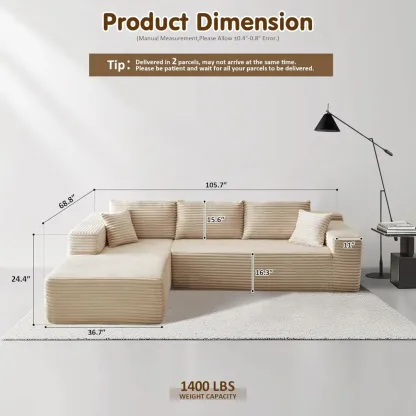 🔥104" Cloud Sectional Couch with L-Shape Chaise,Modern Modular Sofa with Deep Seat, Upholstered Couches for Living Room Bedroom,No Assembly Required, Grey (Plush Corduroy Fabric)
