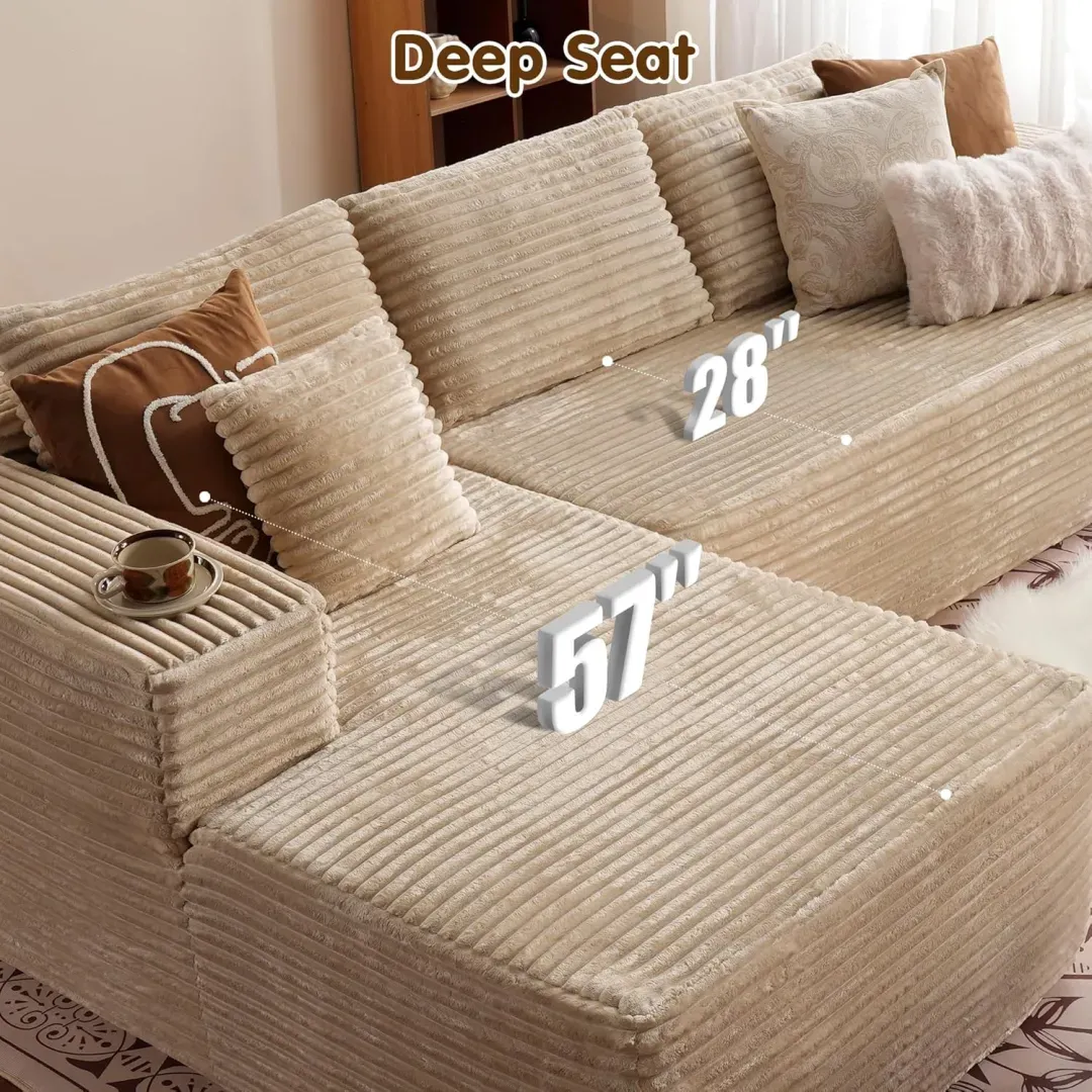 🔥104" Cloud Sectional Couch with L-Shape Chaise,Modern Modular Sofa with Deep Seat, Upholstered Couches for Living Room Bedroom,No Assembly Required, Grey (Plush Corduroy Fabric)