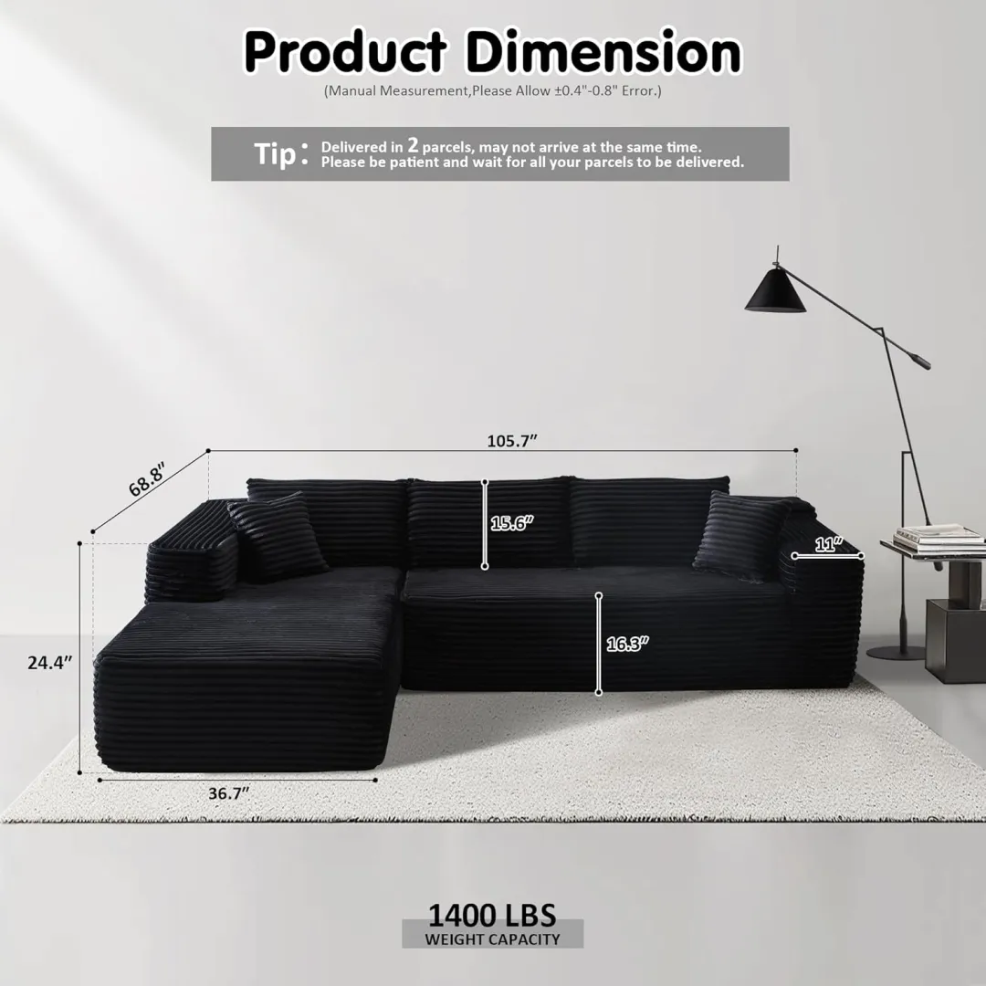 🔥104" Cloud Sectional Couch with L-Shape Chaise,Modern Modular Sofa with Deep Seat, Upholstered Couches for Living Room Bedroom,No Assembly Required, Grey (Plush Corduroy Fabric)