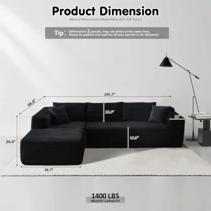 🔥104" Cloud Sectional Couch with L-Shape Chaise,Modern Modular Sofa with Deep Seat, Upholstered Couches for Living Room Bedroom,No Assembly Required, Grey (Plush Corduroy Fabric)