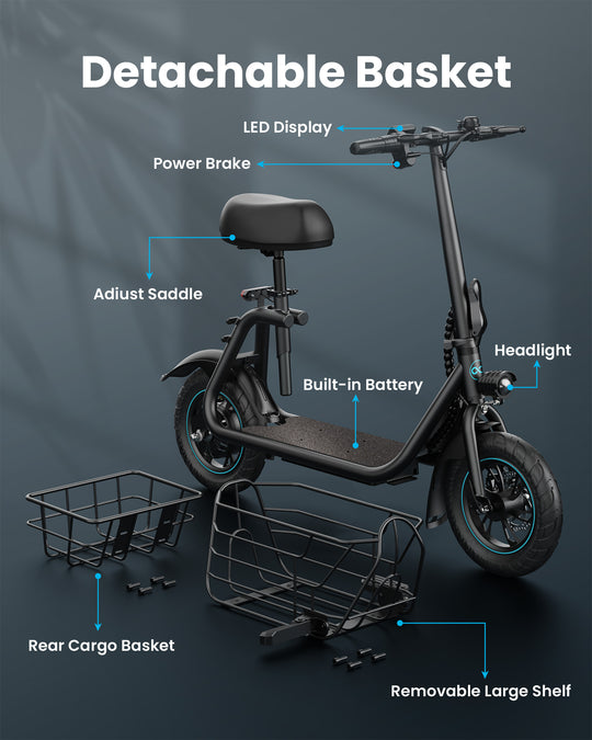 800W(Peak) Electric Scooter with Removeable Front And Back Basket