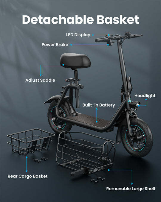 800W(Peak) Electric Scooter with Removeable Front And Back Basket
