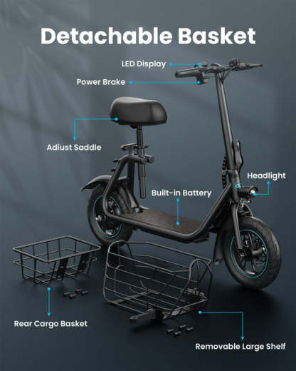 800W(Peak) Electric Scooter with Removeable Front And Back Basket