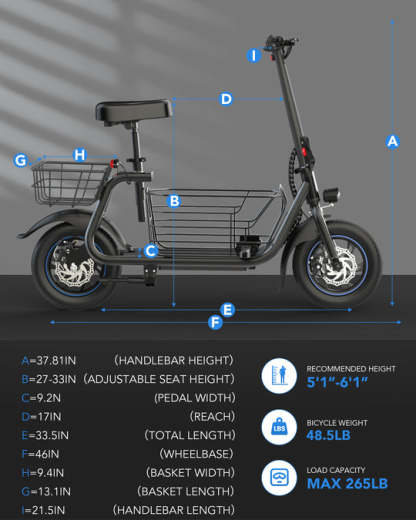 800W(Peak) Electric Scooter with Removeable Front And Back Basket