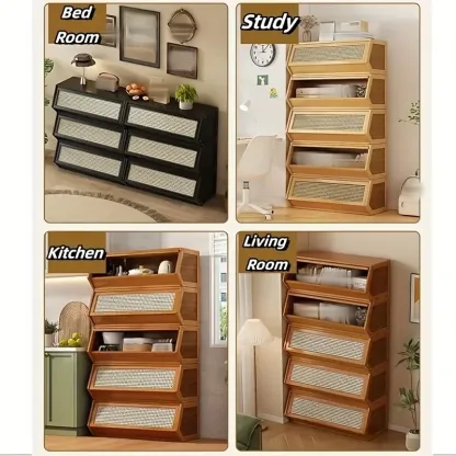 DIY Bamboo Bookshelve, 30cm Deep Bookshelf, ABS Engineering Plastic Flip Bookcase with Dustproof Back Panel, Display Cabinet for Corridor, Living Room and Bedroom