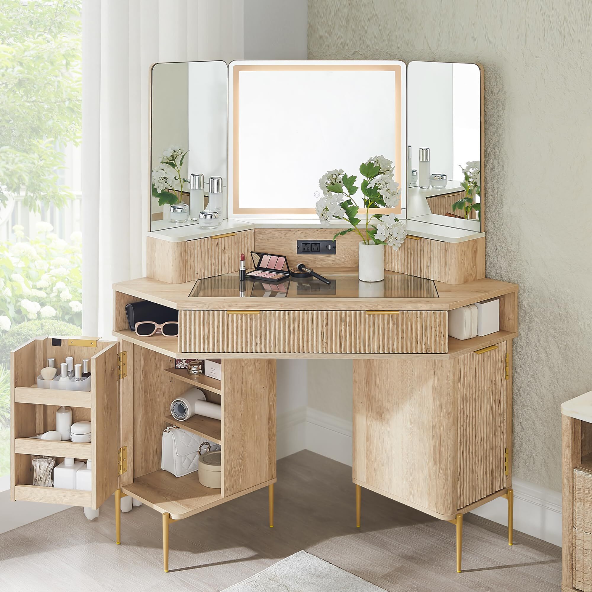 💄 48" Channeled Makeup Desk with Triple HD Mirror & Lights 