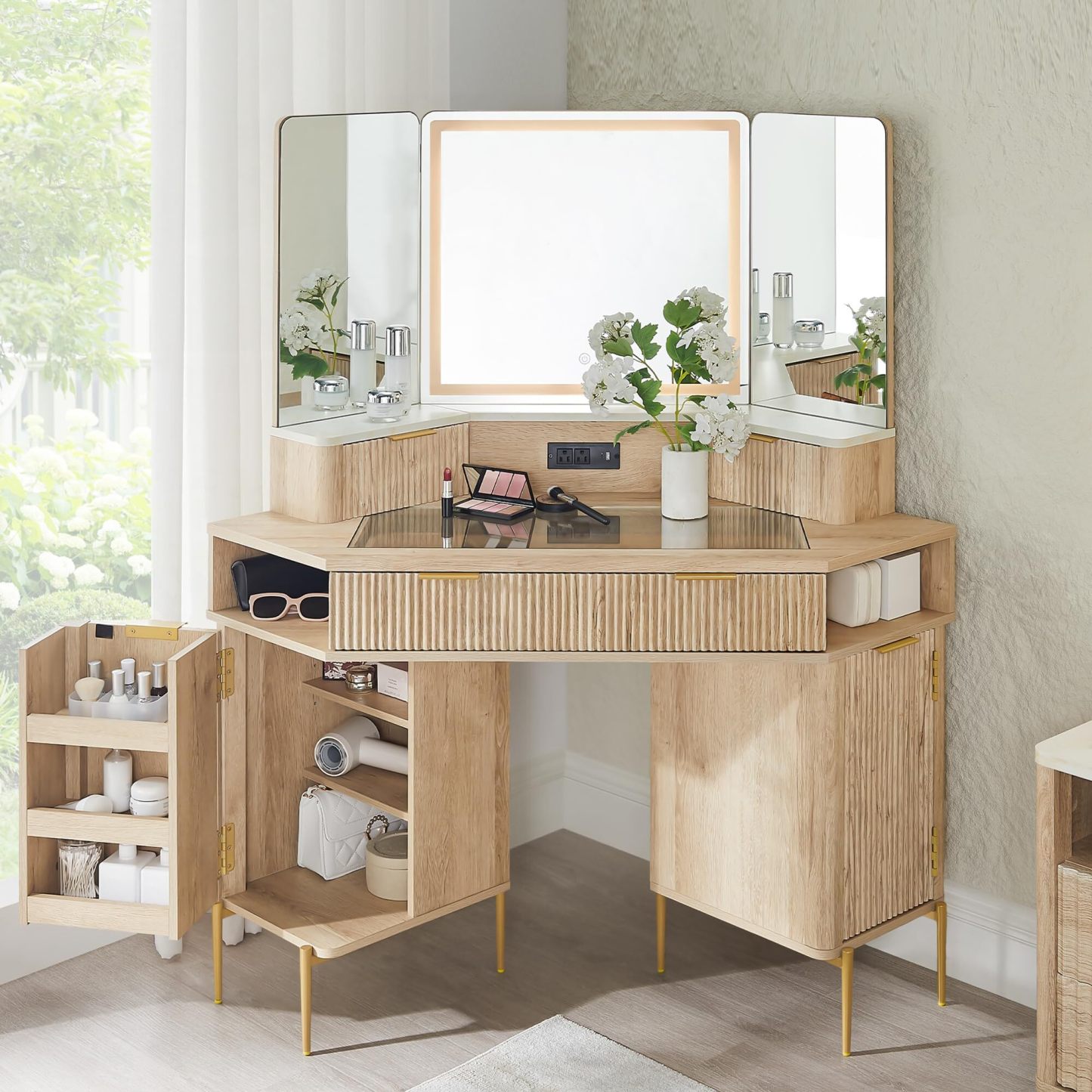 💄 48" Channeled Makeup Desk with Triple HD Mirror & Lights 