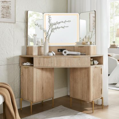 💄 48" Channeled Makeup Desk with Triple HD Mirror & Lights 