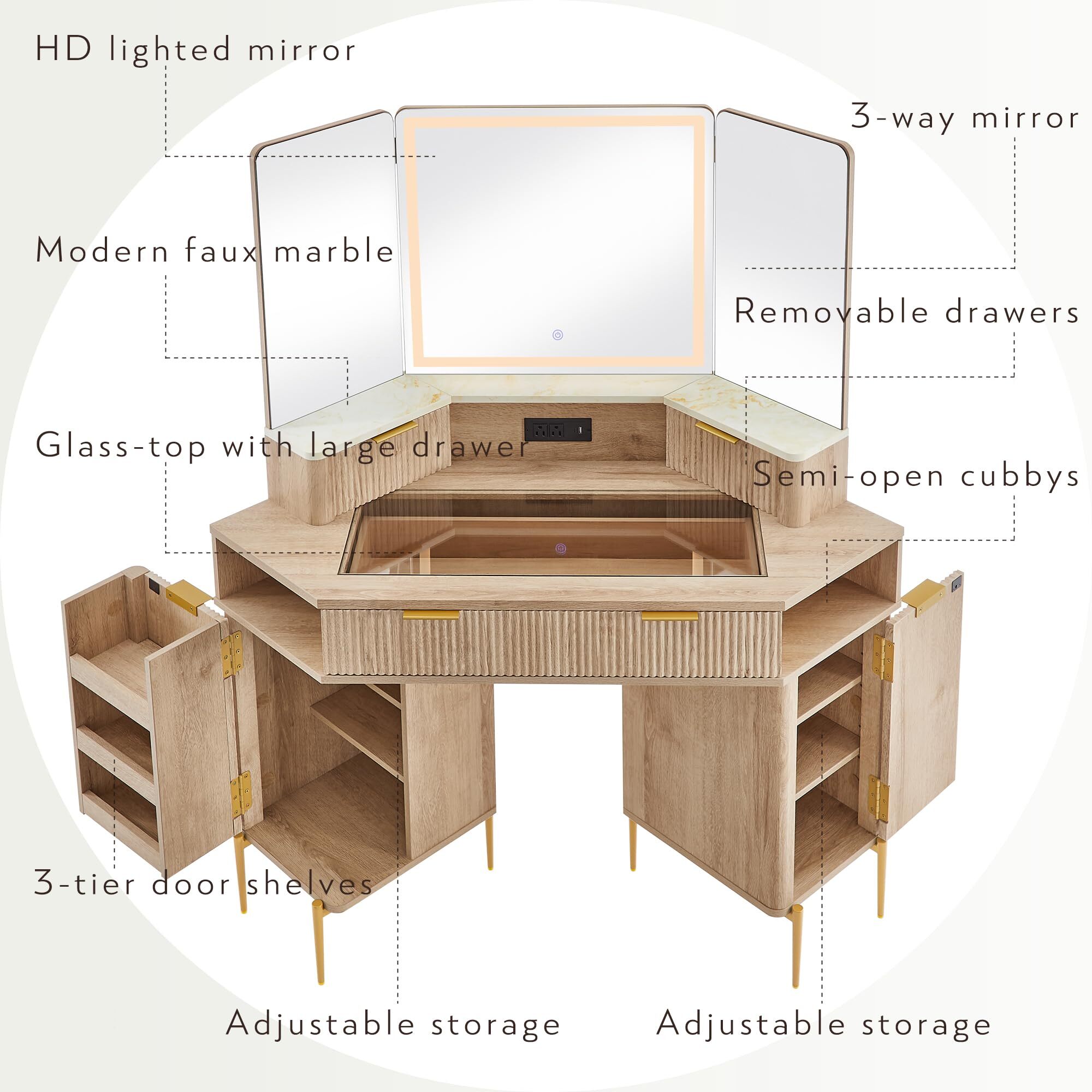 💄 48" Channeled Makeup Desk with Triple HD Mirror & Lights 