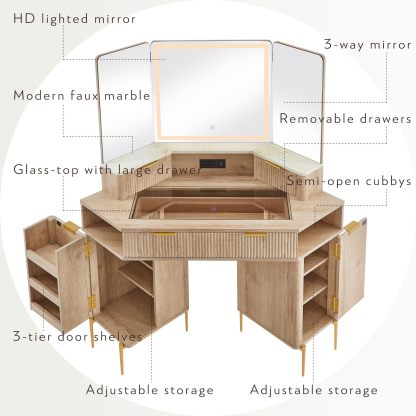 💄 48" Channeled Makeup Desk with Triple HD Mirror & Lights 