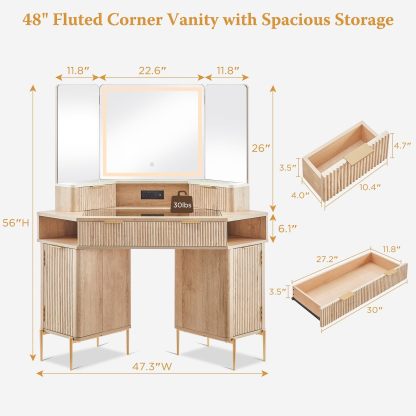 💄 48" Channeled Makeup Desk with Triple HD Mirror & Lights 