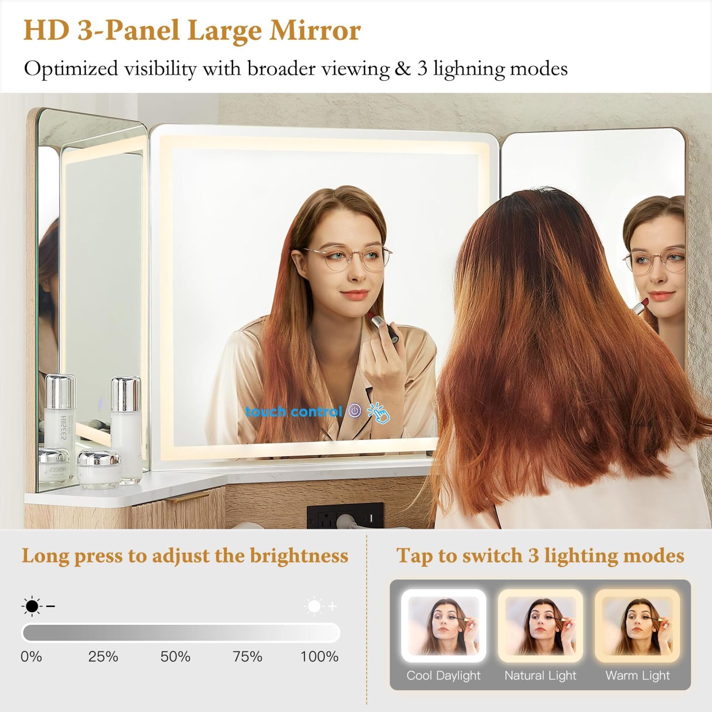 💄 48" Channeled Makeup Desk with Triple HD Mirror & Lights 