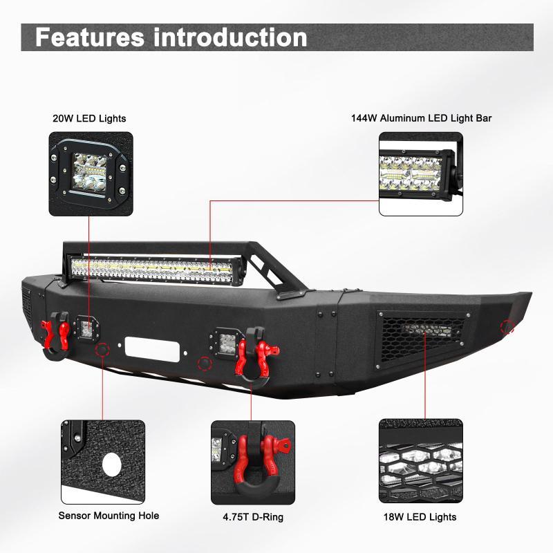 Heavy-duty Steel Front Bumper for 2017-2022 Ford F250/F350/F450/F550 with Winch Plate & LED Lights & D-Rings & Sensor Holes