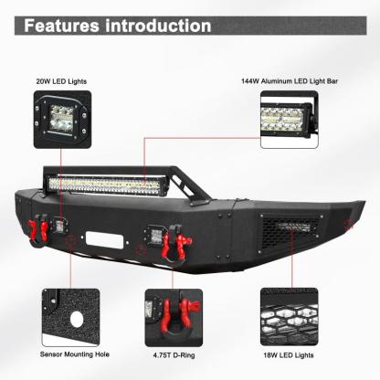Heavy-duty Steel Front Bumper for 2017-2022 Ford F250/F350/F450/F550 with Winch Plate & LED Lights & D-Rings & Sensor Holes